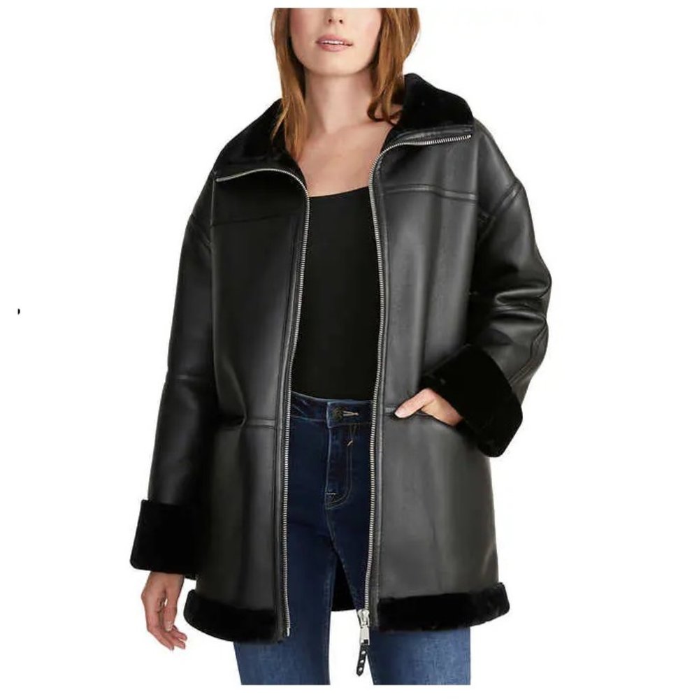NWT Rebecca Minkoff Women's Faux Black Leather Car Coat Jacket Size L $300 2C045